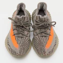 Pre Owned Yeezy x Adidas Grey/Orange Knit Fabric Boost 350 V2 Beluga Reflective Sneakers Size 39 1/3