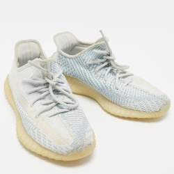 Pre Owned Yeezy x Adidas Blue/White Knit Fabric Boost 350 V2 Cloud- White Sneakers Size 39 1/3