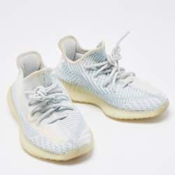 Pre Owned Yeezy x Adidas Blue/White Knit Fabric Boost 350 V2 Cloud White Non-Reflective Sneakers Size 37 1/3