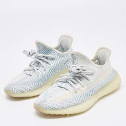 Pre Owned Yeezy x Adidas Blue/White Knit Fabric Boost 350 V2 Cloud White Non-Reflective Sneakers Size 37 1/3