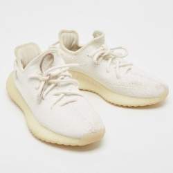 Pre Owned Yeezy x Adidas Cotton Knit Boost 350 V2 Triple White Sneakers Size FR 37 1/3