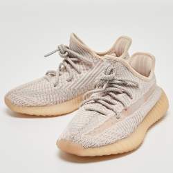 Pre Owned Yeezy x Adidas Grey/Pink Knit Fabric Boost 350 V2 Synth Sneakers Size 38
