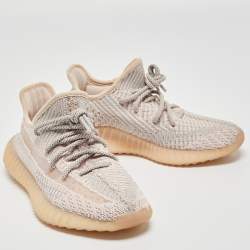 Pre Owned Yeezy x Adidas Grey/Pink Knit Fabric Boost 350 V2 Synth Sneakers Size 38