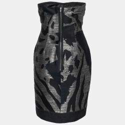 Yigal Azrouel Black and Bronze Wool Jacquard Strapless Dress S
