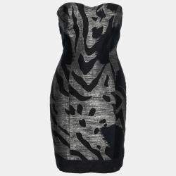 Yigal Azrouel Black and Bronze Wool Jacquard Strapless Dress S