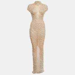 Yousef Al Jasmi Cream Pearl Embellished Tulle Sheer Evening Dress S