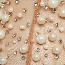 Yousef Al Jasmi Cream Pearl Embellished Tulle Sheer Evening Dress S