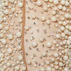 Yousef Al Jasmi Cream Pearl Embellished Tulle Sheer Evening Dress S