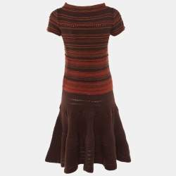 Pre Owned Yves Saint Laurent Brown Striped Wool & Cashmere Knit Midi Dress S