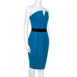 Pre Owned Yves Saint Laurent Teal Wool Strapless Dress S