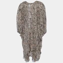 Pre Owned Yves Saint Laurent Brown Printed Silk Draped Midi Dress L