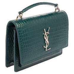 Saint Laurent Green Croc Embossed Leather Sunset Crossbody Bag