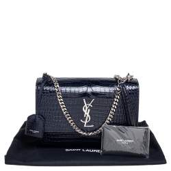 Pre Owned Yves Saint Laurent Paris Dark Blue Croc Embossed Leather Sunset Shoulder Bag
