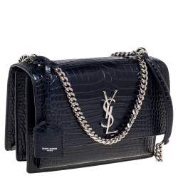 Pre Owned Yves Saint Laurent Paris Dark Blue Croc Embossed Leather Sunset Shoulder Bag