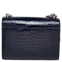 Pre Owned Yves Saint Laurent Paris Dark Blue Croc Embossed Leather Sunset Shoulder Bag