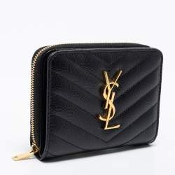 مملوكة مسبقًا Saint Laurent Black Matelassé Leather Monogram Compact Wallet