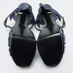 Yves Saint Laurent Navy Blue Glitter and  Python Embossed Tribute Platform Sandals Size 38.5