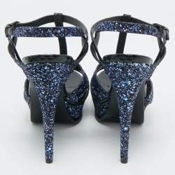Yves Saint Laurent Navy Blue Glitter and  Python Embossed Tribute Platform Sandals Size 38.5