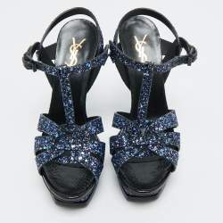 Yves Saint Laurent Navy Blue Glitter and  Python Embossed Tribute Platform Sandals Size 38.5