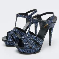Yves Saint Laurent Navy Blue Glitter and  Python Embossed Tribute Platform Sandals Size 38.5