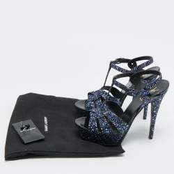 Yves Saint Laurent Navy Blue Glitter and  Python Embossed Tribute Platform Sandals Size 38.5