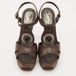 Pre Owned صندل سان لوران باريس جلد بني بكاحل قابل للضبط مقاس 41