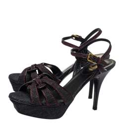 Pre Owned Yves Saint Laurent Black Denim Tribute Platform Ankle Strap Sandals Size 38.5