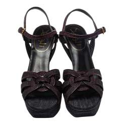 Pre Owned Yves Saint Laurent Black Denim Tribute Platform Ankle Strap Sandals Size 38.5