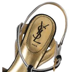Pre Owned Yves Saint Laurent Black/Silver Textured Suede And Leather Tribute Platform Ankle Strap Sandals Size 39.5