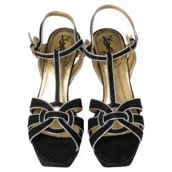 Pre Owned Yves Saint Laurent Black/Silver Textured Suede And Leather Tribute Platform Ankle Strap Sandals Size 39.5