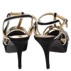 Pre Owned Yves Saint Laurent Black/Silver Textured Suede And Leather Tribute Platform Ankle Strap Sandals Size 39.5
