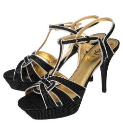 Pre Owned Yves Saint Laurent Black/Silver Textured Suede And Leather Tribute Platform Ankle Strap Sandals Size 39.5
