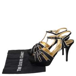 Pre Owned Yves Saint Laurent Black/Silver Textured Suede And Leather Tribute Platform Ankle Strap Sandals Size 39.5