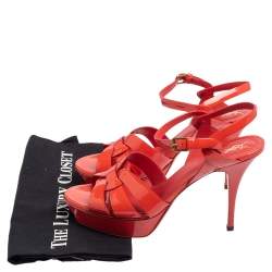 Pre Owned Yves Saint Laurent Coral Red Patent Leather Tribute Platform Sandals Size 40