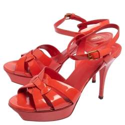 Pre Owned Yves Saint Laurent Coral Red Patent Leather Tribute Platform Sandals Size 40