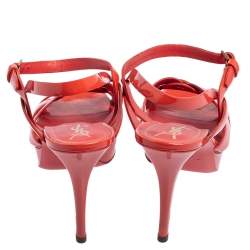 Pre Owned Yves Saint Laurent Coral Red Patent Leather Tribute Platform Sandals Size 40