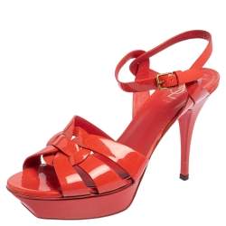 Pre Owned Yves Saint Laurent Coral Red Patent Leather Tribute Platform Sandals Size 40