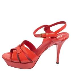 Pre Owned Yves Saint Laurent Coral Red Patent Leather Tribute Platform Sandals Size 40