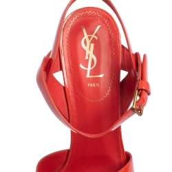 Pre Owned Yves Saint Laurent Coral Red Patent Leather Tribute Platform Sandals Size 40