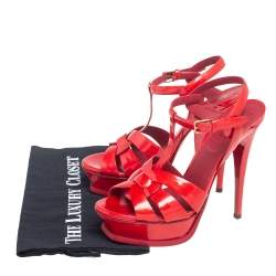 Pre Owned Yves Saint Laurent Red Patent Leather Tribute Platform Sandals Size 38
