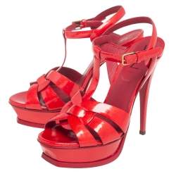 Pre Owned Yves Saint Laurent Red Patent Leather Tribute Platform Sandals Size 38
