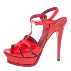 Pre Owned Yves Saint Laurent Red Patent Leather Tribute Platform Sandals Size 38