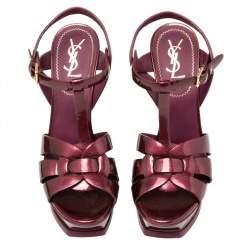 Pre Owned Yves Saint Laurent Burgundy  Patent Leather Tribute Platform Sandals Size 38