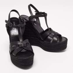 Pre Owned Yves Saint Laurent Black  Leather Tribute Espadrilles Wedge Sandals Size 40