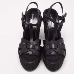 Pre Owned Yves Saint Laurent Black  Leather Tribute Espadrilles Wedge Sandals Size 40