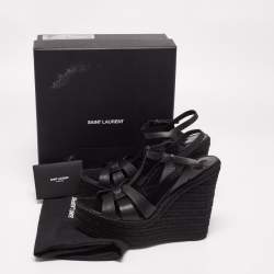 Pre Owned Yves Saint Laurent Black  Leather Tribute Espadrilles Wedge Sandals Size 40