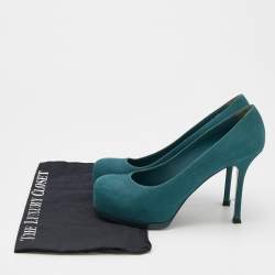 مملوكة مسبقًا Yves Saint Laurent Teal Blue Lizard Embossed Leather Tribtoo Platform Pumps Size 38