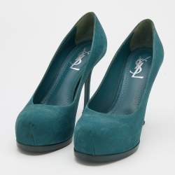مملوكة مسبقًا Yves Saint Laurent Teal Blue Lizard Embossed Leather Tribtoo Platform Pumps Size 38