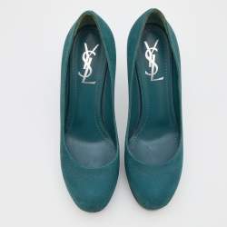 مملوكة مسبقًا Yves Saint Laurent Teal Blue Lizard Embossed Leather Tribtoo Platform Pumps Size 38