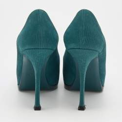 مملوكة مسبقًا Yves Saint Laurent Teal Blue Lizard Embossed Leather Tribtoo Platform Pumps Size 38